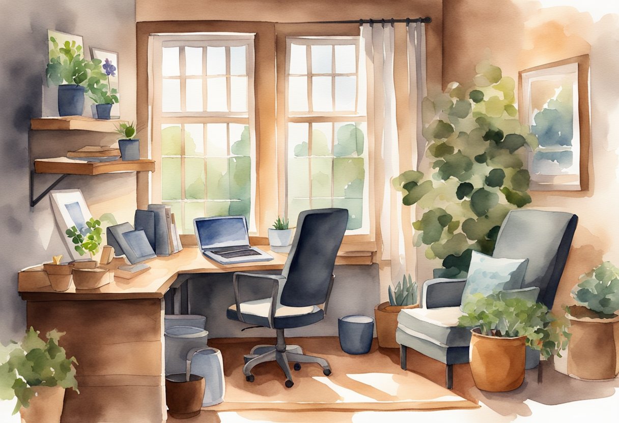 A cozy home office with a computer, phone, and desk. A comfortable chair and a warm, inviting atmosphere