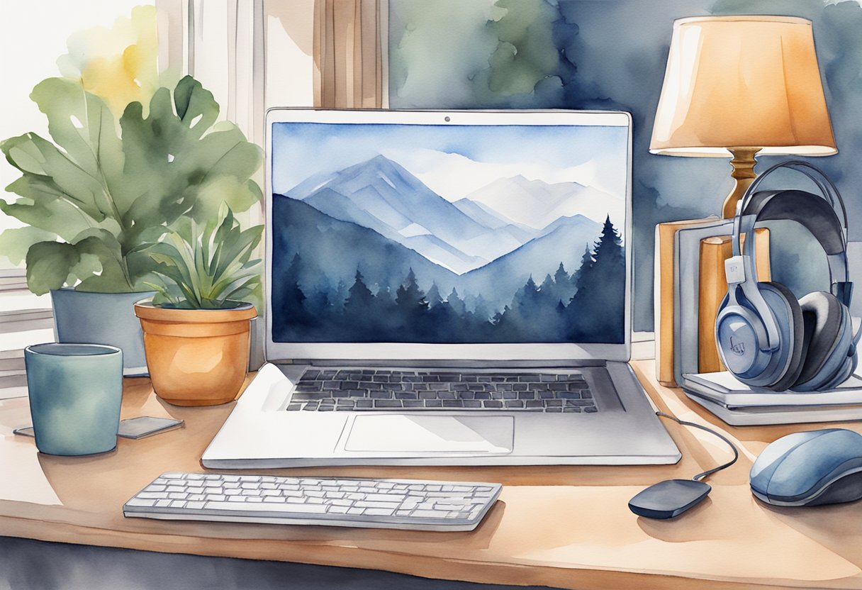 A laptop, headset, and desk with an Amazon logo, surrounded by a comfortable home environment