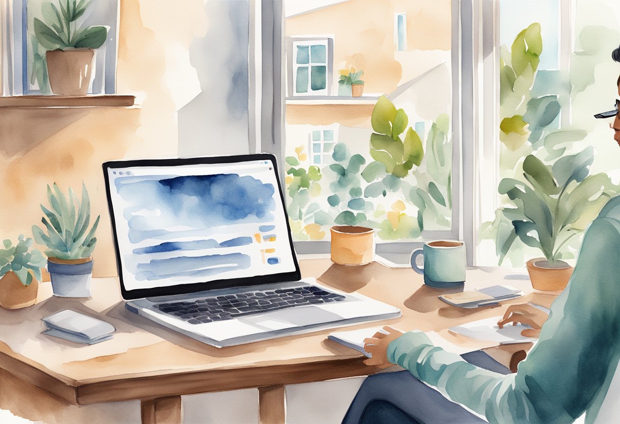 A laptop with Amazon's website open, a comfortable home office setup, and a smiling person working from home