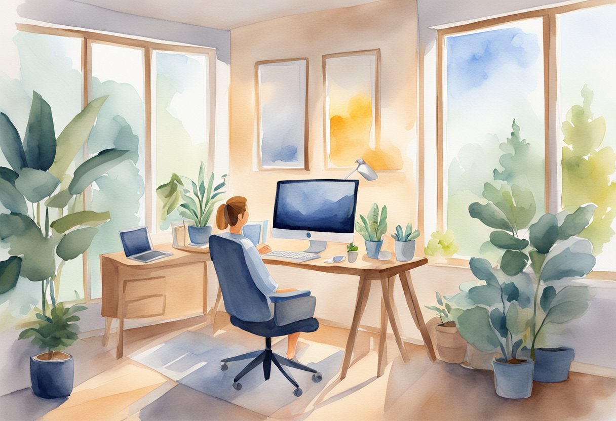 Employees enjoying work from home benefits: cozy home office, computer, comfortable chair, and flexible schedule