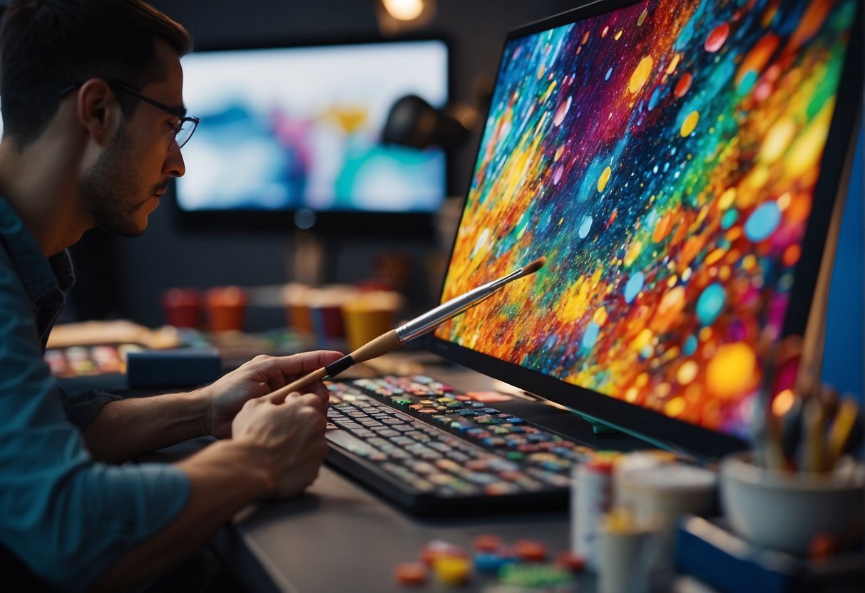 AI guides a paintbrush, creating vibrant, abstract art. A computer screen displays intricate digital designs