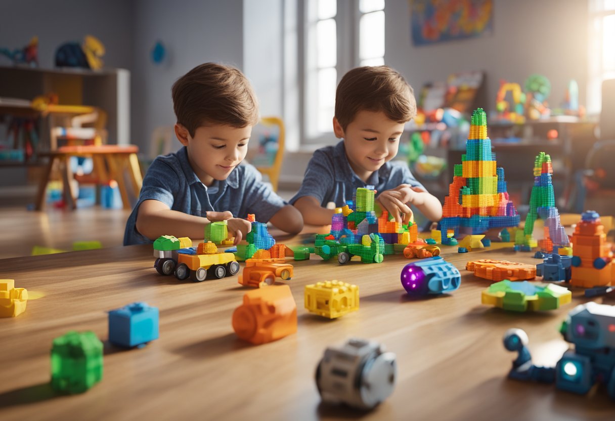 A colorful array of STEM toys, from building blocks to robotic kits, spread across a table. Children's eyes light up as they explore and learn through play