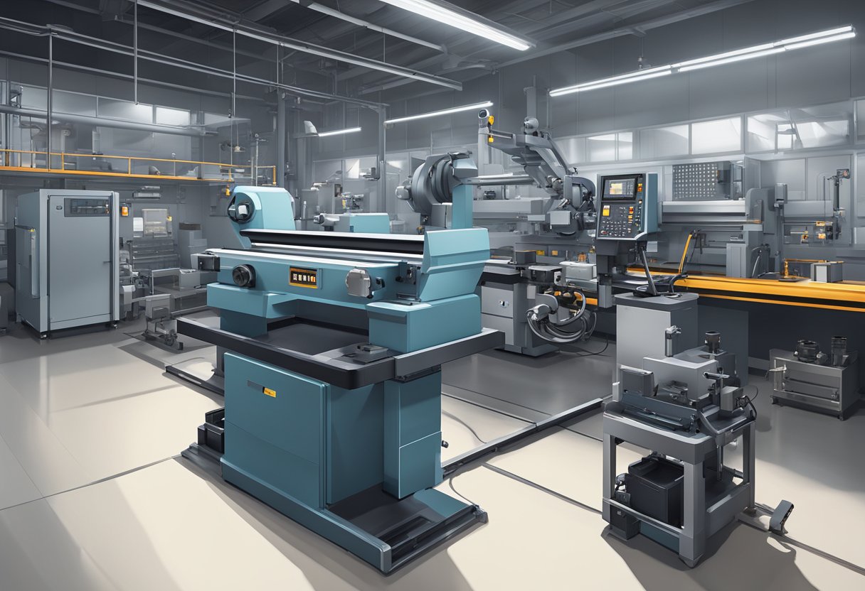 A brand new CNC lathe sits gleaming in a spacious industrial workshop, surrounded by various tools and equipment. The machine's sleek metallic surface reflects the bright overhead lights, giving it a futuristic and professional appearance