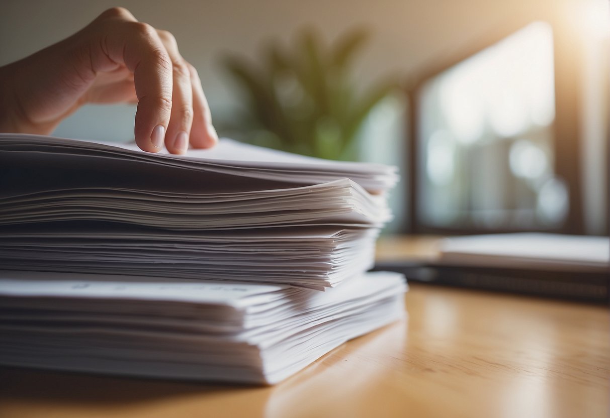 A hand reaching for a "Frequently Asked Questions" booklet on top of a stack of home loan documents