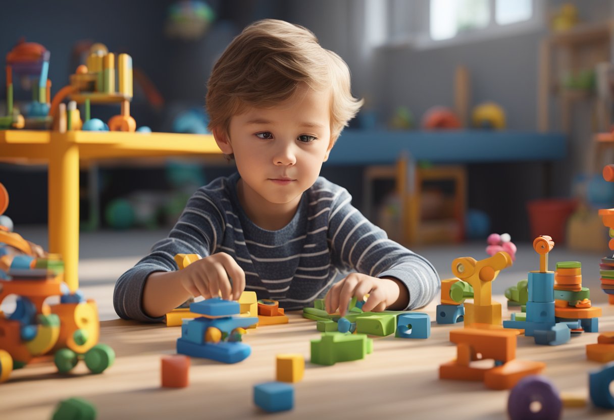 A child surrounded by STEM toys, engaged in hands-on learning activities, with a focus on problem-solving, creativity, and critical thinking skills