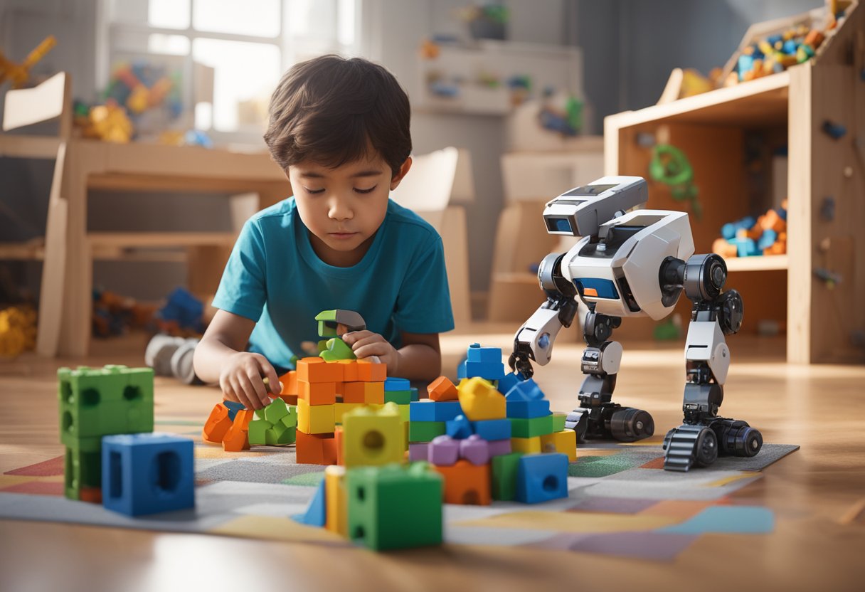 A child playing with STEM toys, surrounded by building blocks, puzzles, and a robot kit. The child is engaged in problem-solving and critical thinking