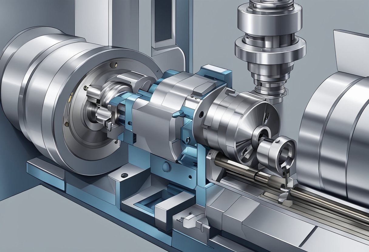 A CNC turret lathe cutting metal with precision tools