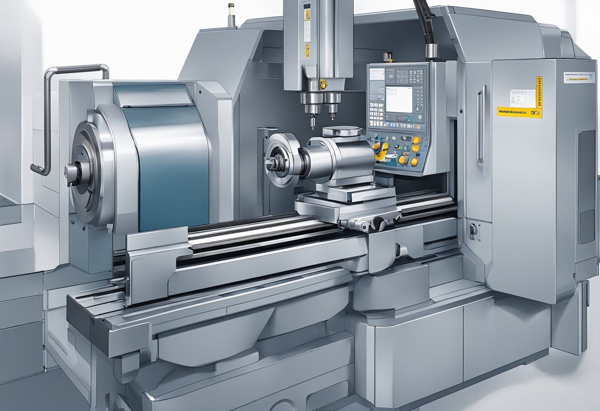A close-up view of a dual spindle CNC lathe in operation, with metal components being precisely machined and shaped