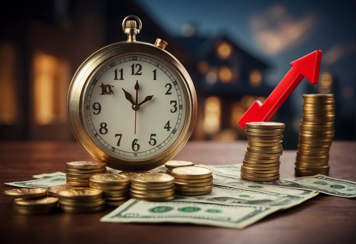 A house with a large clock on the wall, a pile of money with a red arrow pointing upwards, and a calendar with dates crossed off