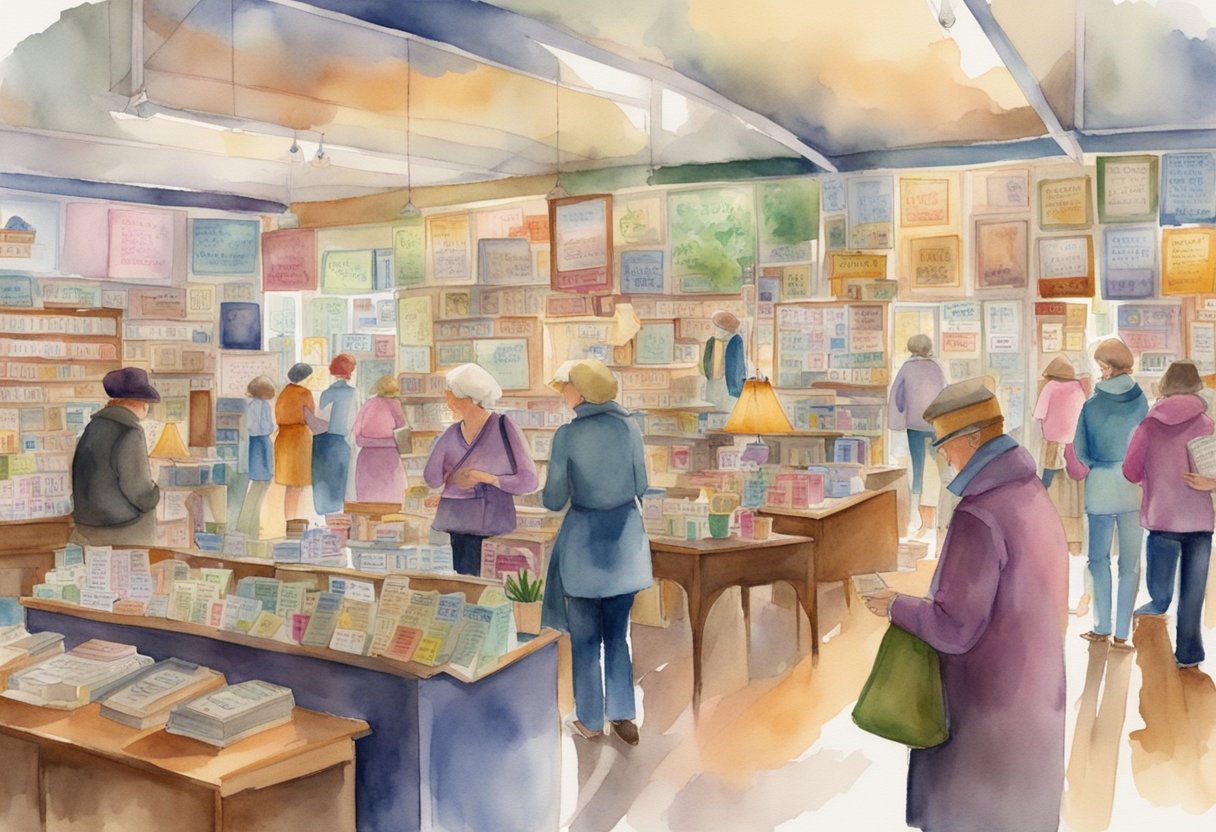 Customers browsing colorful thrift store signs, some reading, others chatting, all with diverse styles and ages