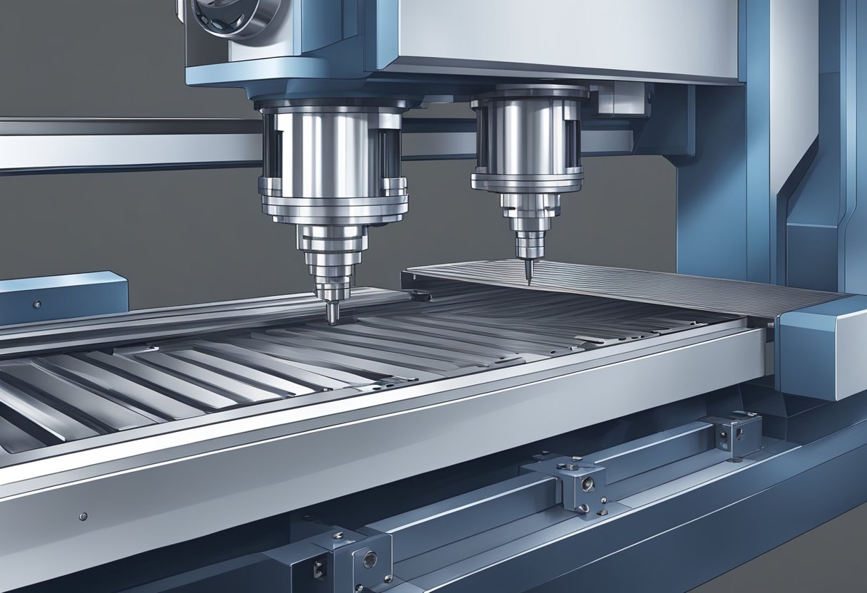 A dual spindle CNC machine cutting metal with precision