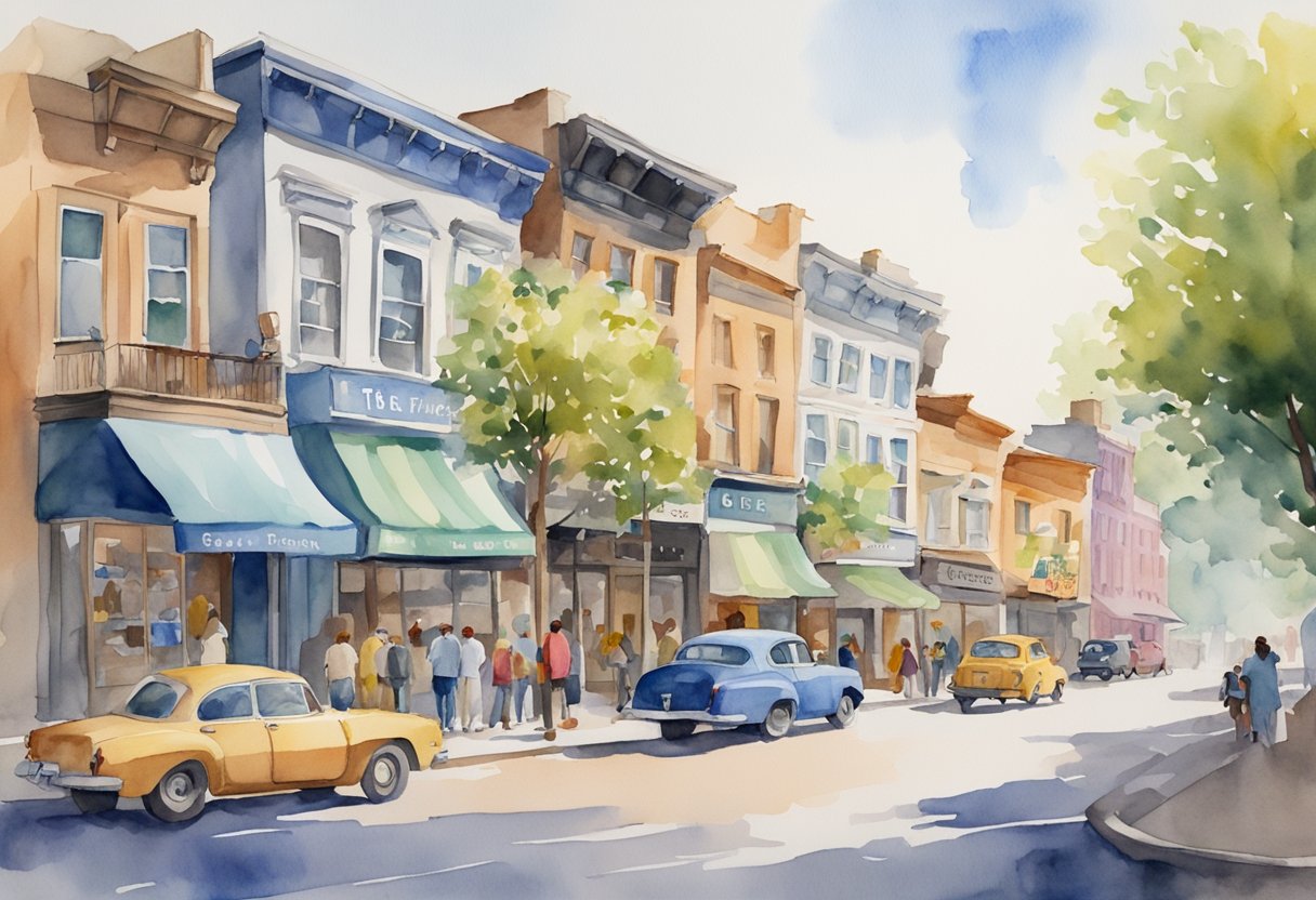 A bustling street corner with a variety of storefronts, including a quaint thrift store with a bold, eye-catching sign. Surrounding buildings and foot traffic indicate a lively urban setting