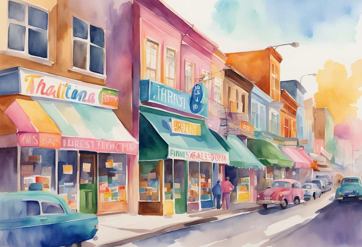 A colorful array of thrift store signs line the bustling street, each name reflecting its unique brand identity through creative typography and vibrant colors