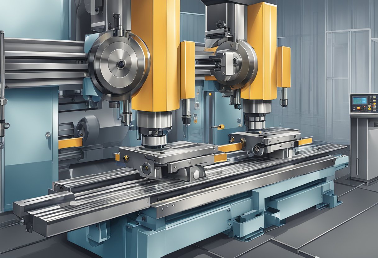 Two identical spindle milling machines in operation, cutting metal with precision and efficiency