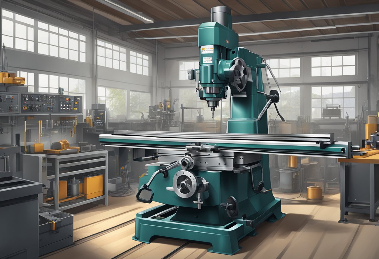 A dual spindle milling machine is positioned in a well-lit workshop, with its sleek and sturdy structure highlighted by the surrounding tools and equipment
