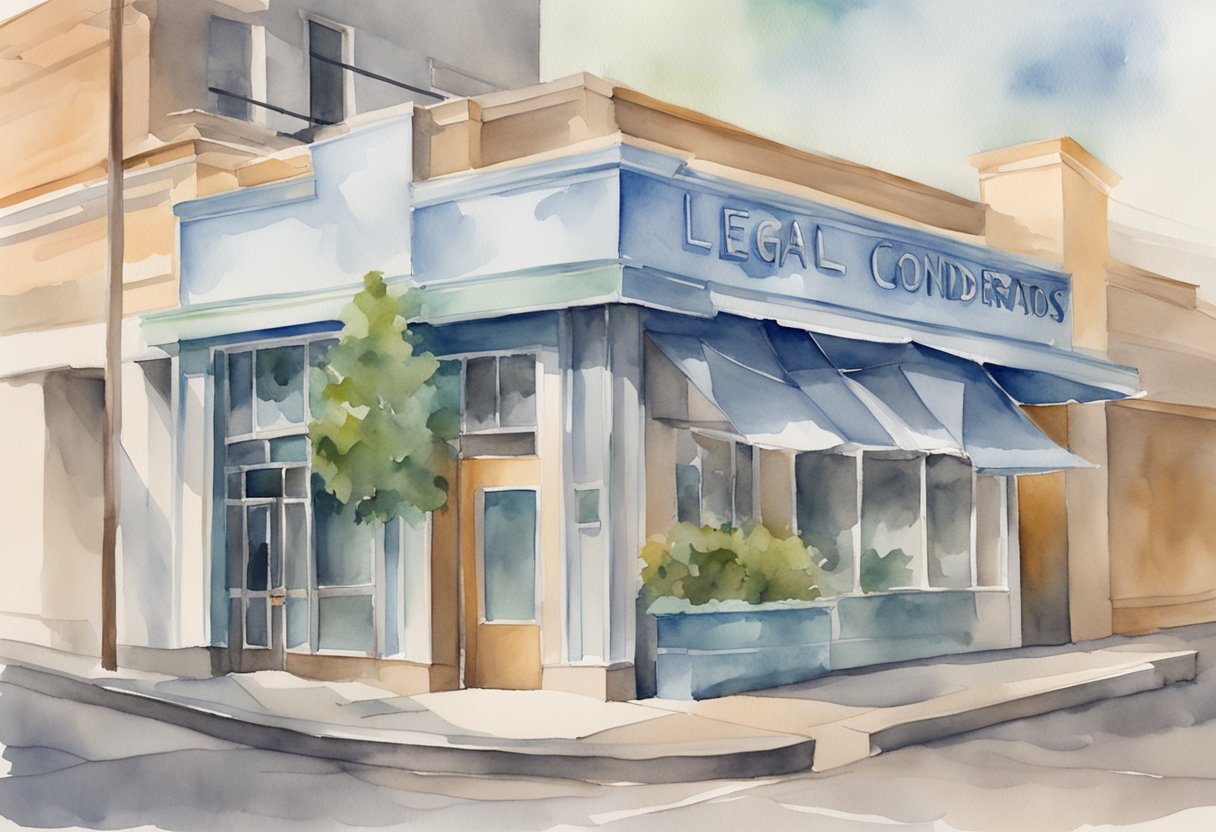 A sign with "Legal Considerations" above a thrift store entrance