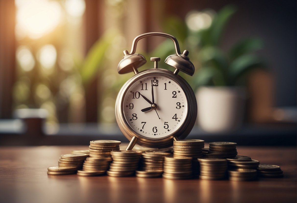 A stack of money grows larger as a clock ticks in the background, symbolizing the urgency to pay off a home loan faster