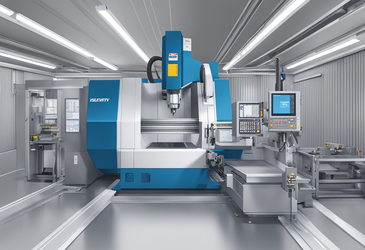 A 5-axis CNC milling center in operation, with precision cutting tools and rotating workpiece