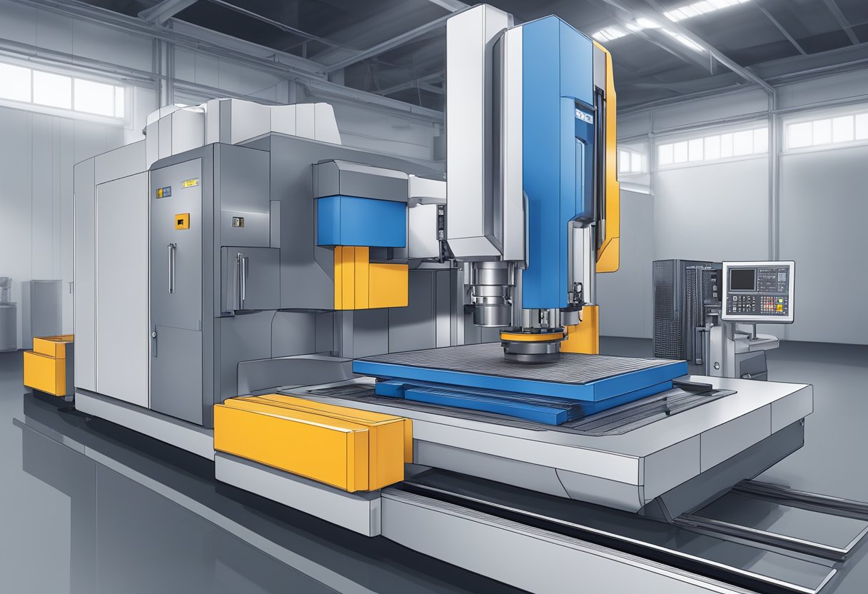 A 5-axis CNC milling center in operation, cutting and shaping metal with precision movements and high-speed rotations