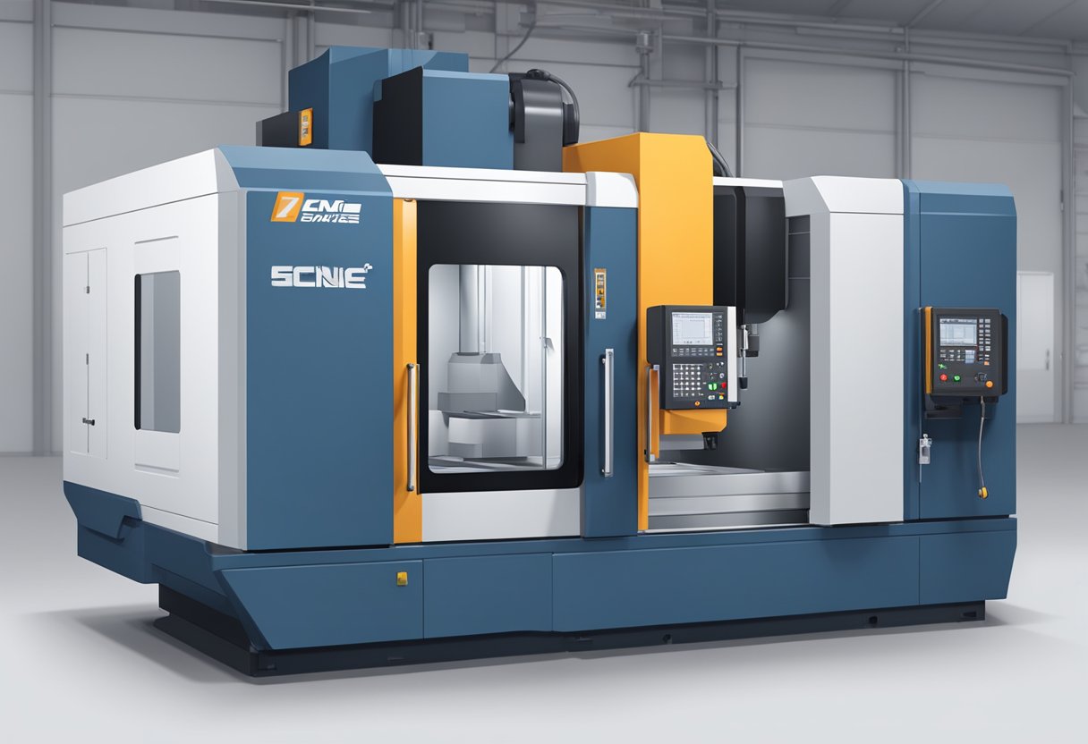A 5-axis CNC machining center in operation, with precision cutting and milling of metal parts