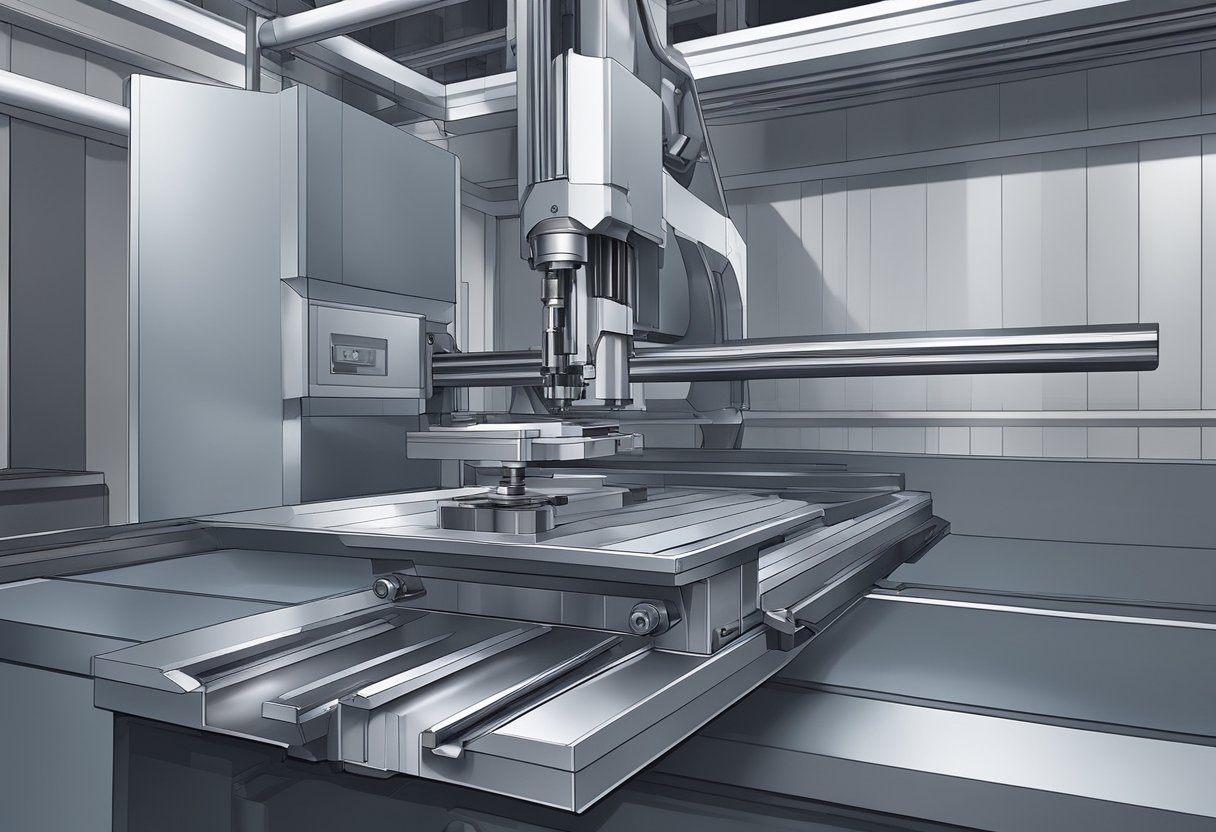 A 5-axis CNC milling machine in operation, cutting and shaping metal with precision. The machine's spindle and rotary axes move simultaneously, producing complex and intricate parts with high accuracy