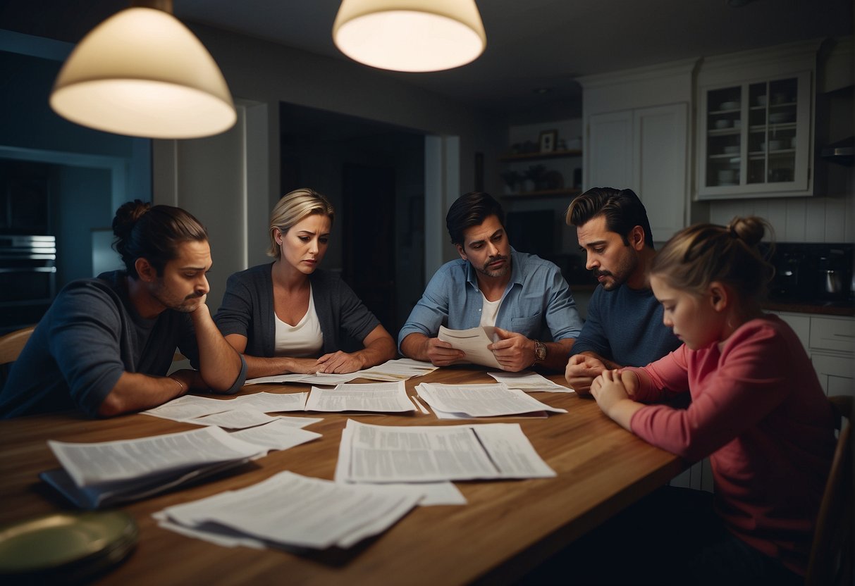 A family sits at a kitchen table, surrounded by bills and paperwork. A dark cloud looms over their heads as they struggle to find a solution for bad credit home loans