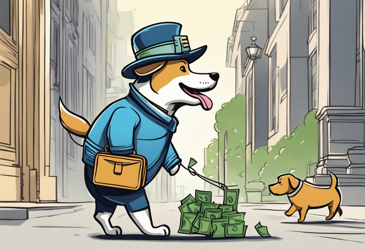 A dog carries a wallet in its mouth, with money falling out. A sign reads "Fetch Services: Walking, Sitting, Grooming."