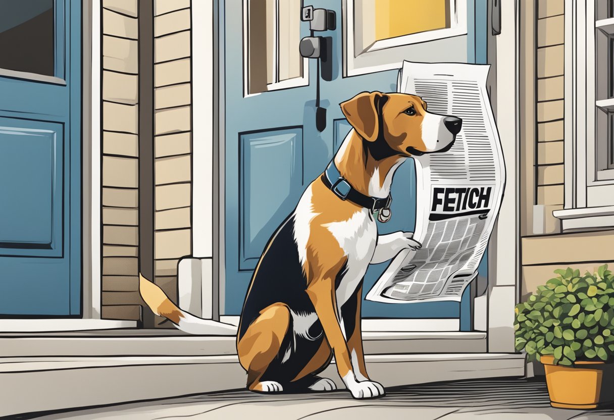 A dog fetching a newspaper from a doorstep, with a logo of "Fetch" on the paper