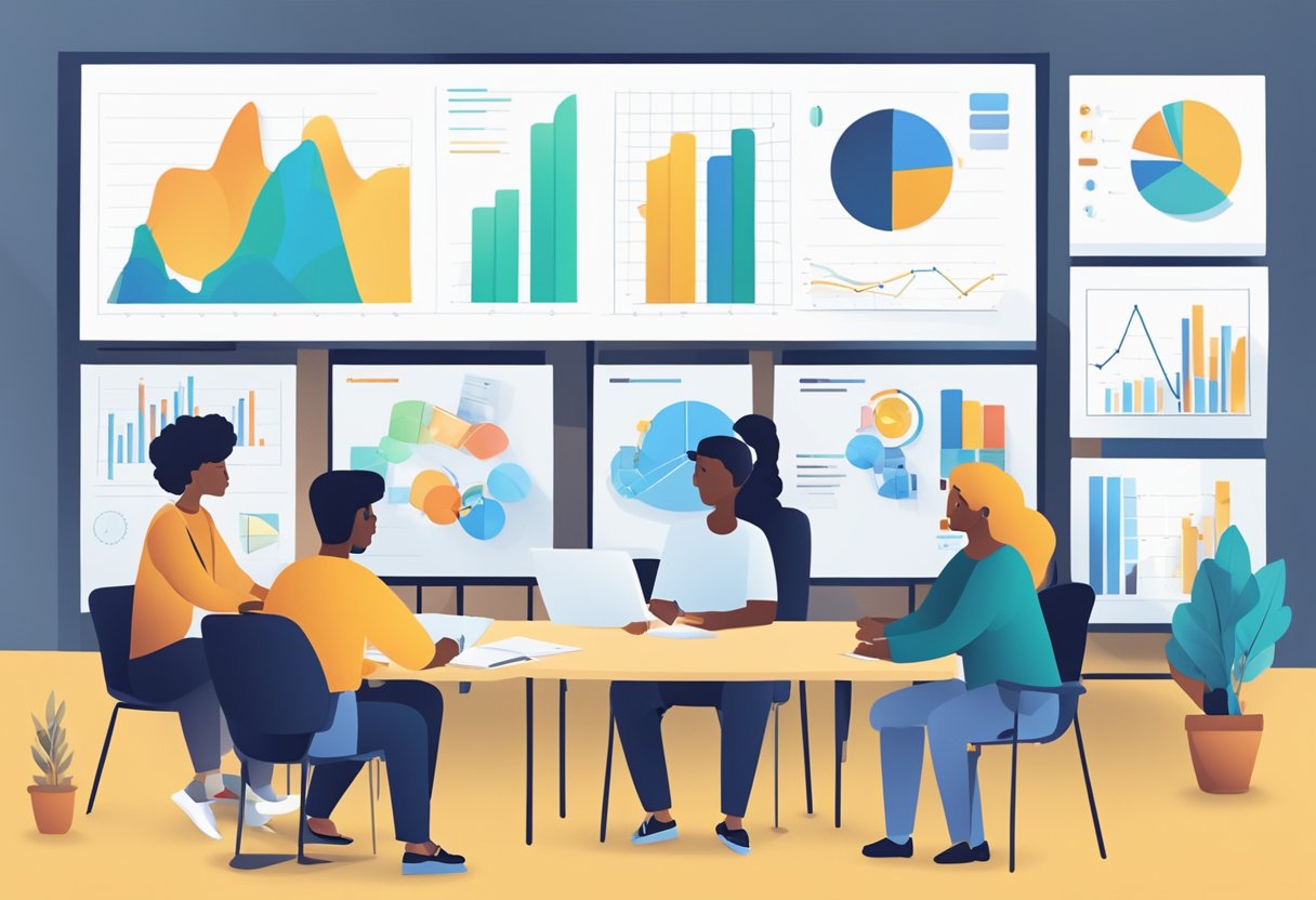 A group of diverse people sit around a table, brainstorming and sharing ideas. Charts and graphs are spread out in front of them, as they discuss strategies for partnerships and collaborations