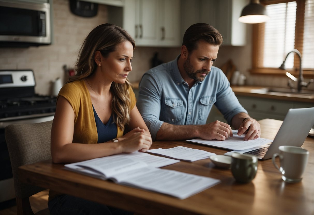 A couple sits at a kitchen table, reviewing paperwork for a bad credit home loan. The table is cluttered with documents and a laptop, while the couple looks concerned