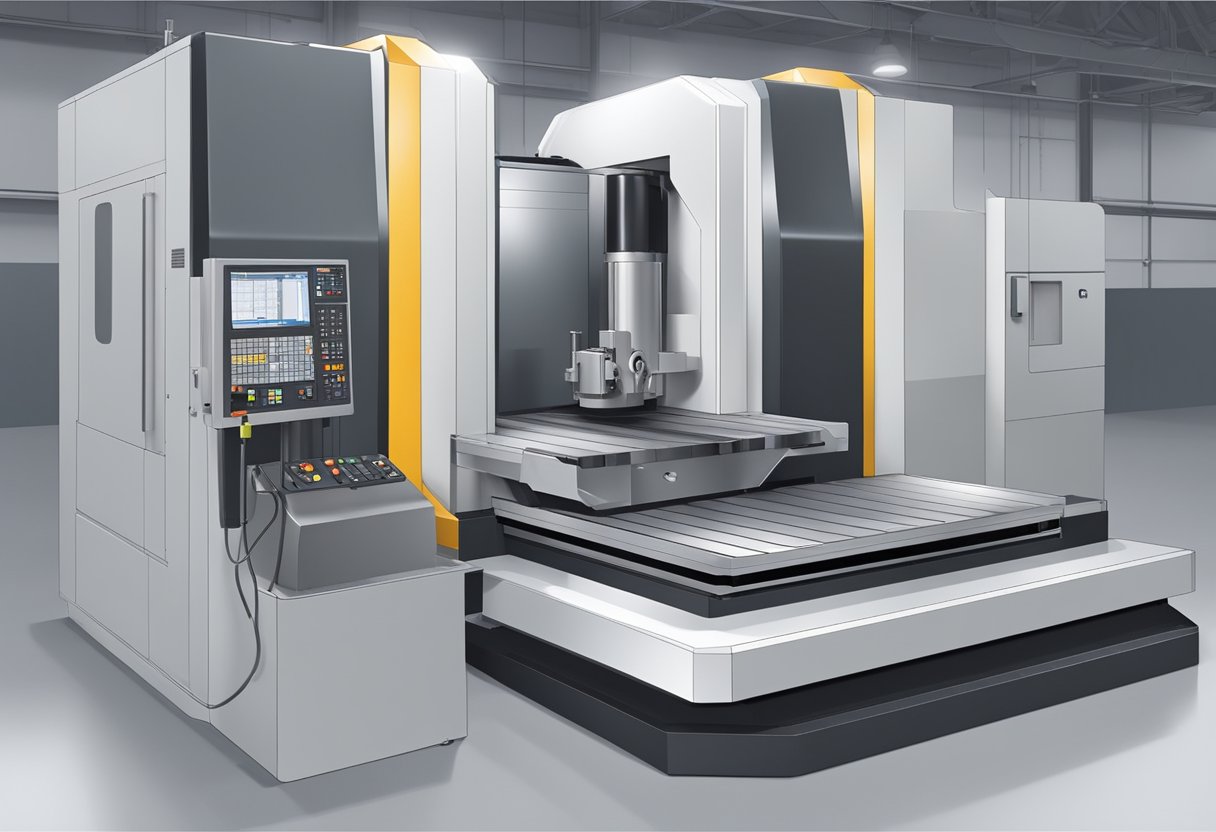 A 5-axis milling center in operation, with rotating and tilting capabilities, cutting and shaping metal or other materials with precision and efficiency