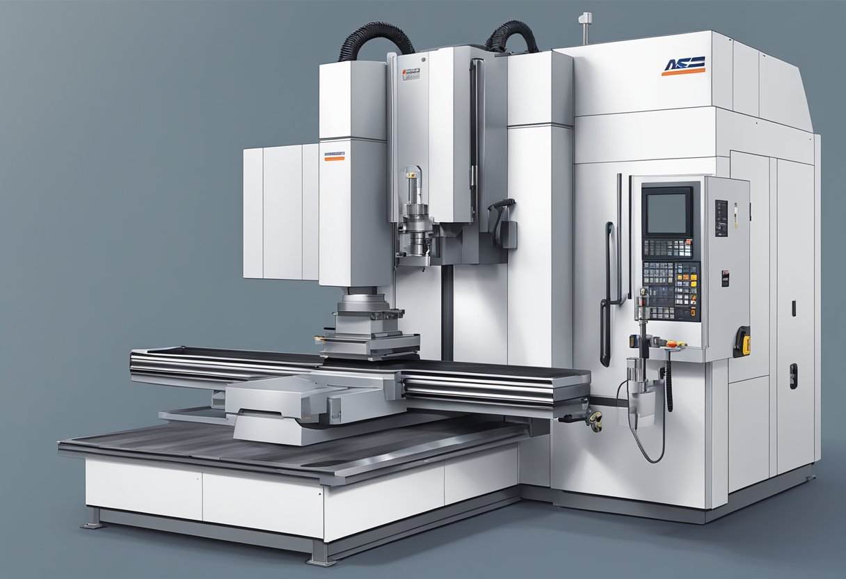 A 5-axis milling machine in operation, cutting and shaping metal with precision. The machine is positioned at different angles and axes, demonstrating its versatility and capability for complex machining tasks