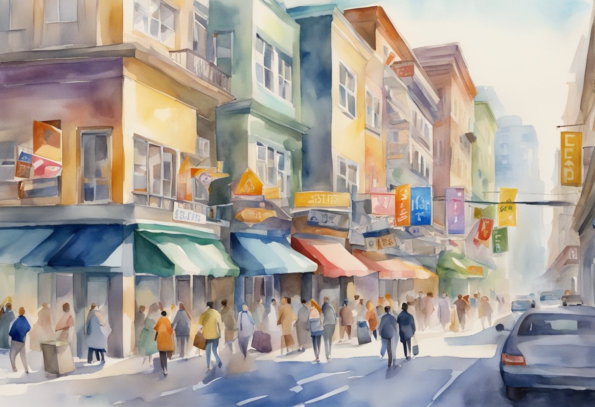 A bustling street with colorful signs and logos of real estate businesses, with people entering and exiting the offices