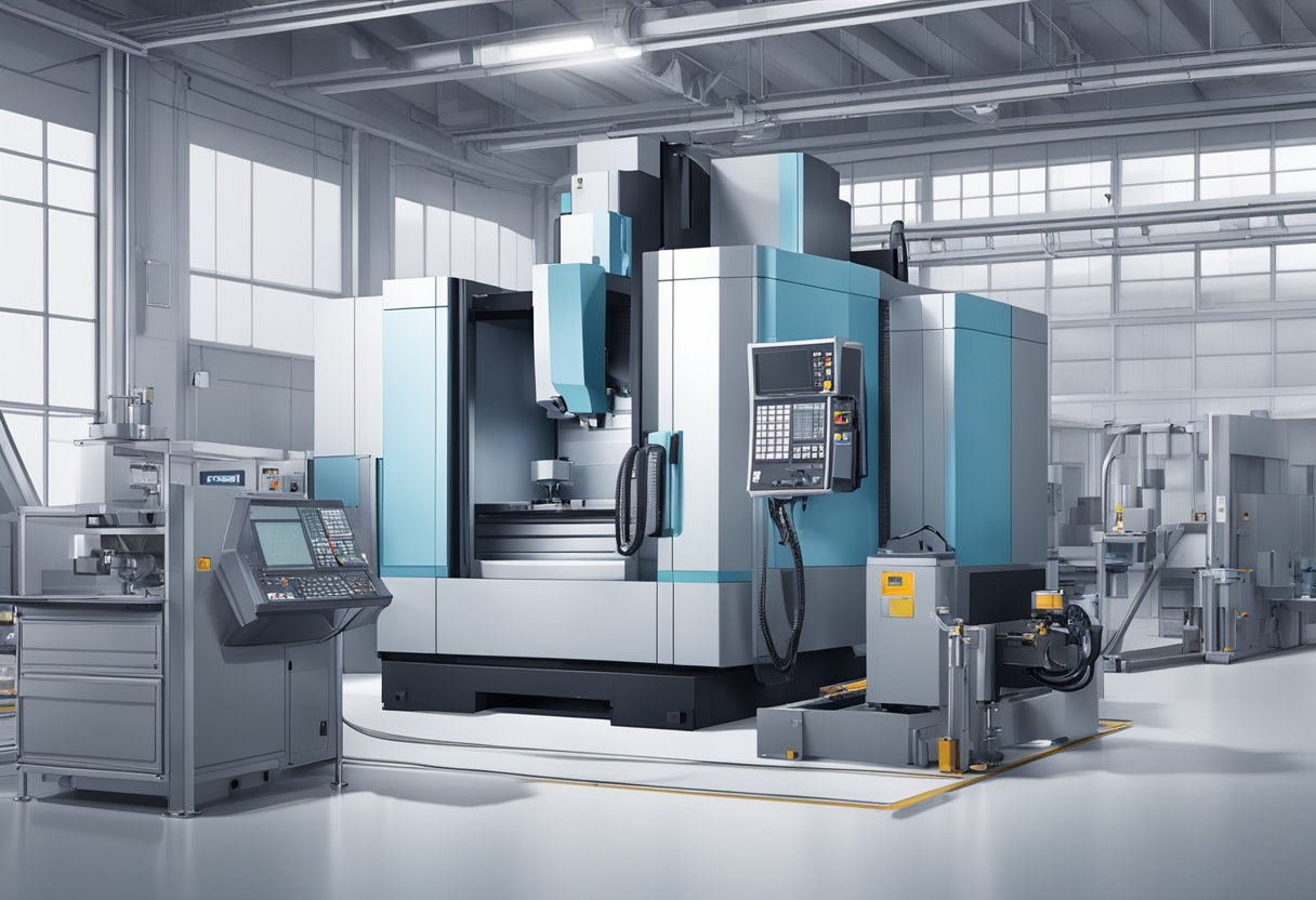 A 5-axis vertical machining center with rotating spindle and multiple cutting tools, surrounded by coolant and chip evacuation systems
