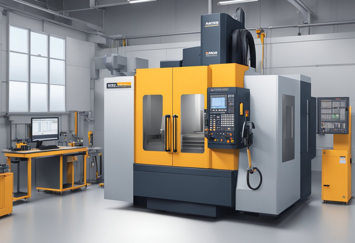 A 5-axis vertical machining center with its components and structure displayed in a workshop setting