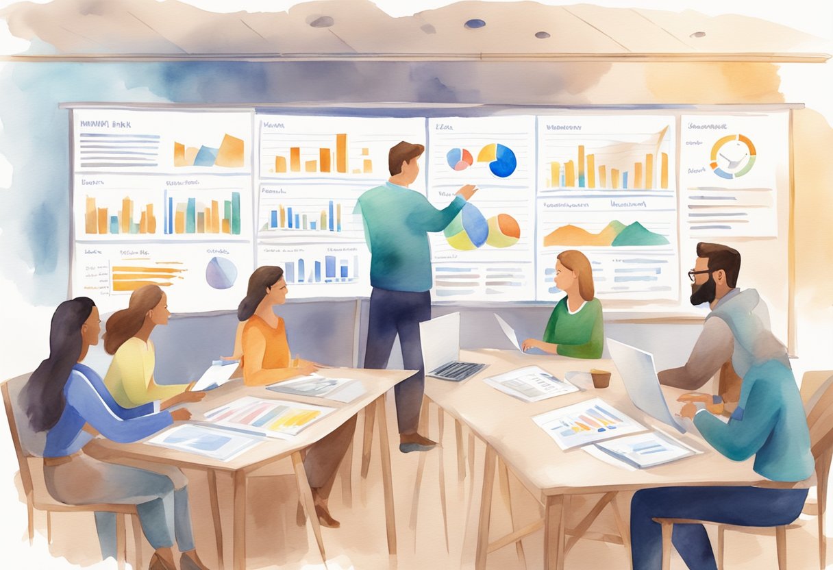 A group of people brainstorming and writing down various real estate business names on a whiteboard, surrounded by charts and graphs