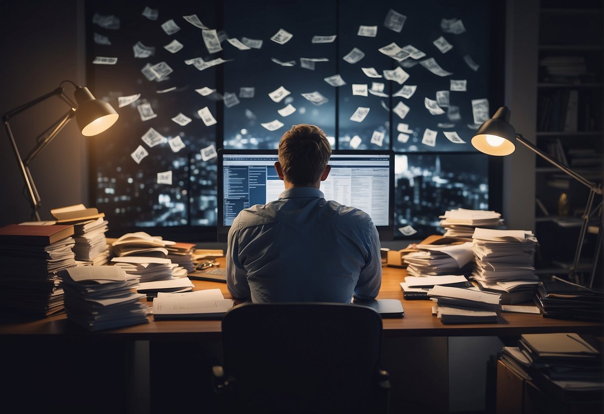 A person sitting at a desk, surrounded by paperwork and a computer, looking stressed while trying to manage their home loan with bad credit