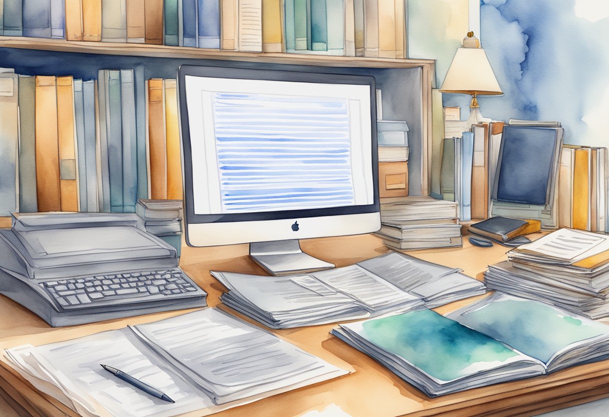 A computer displaying legal documents with various real estate business names, surrounded by digital devices and legal books