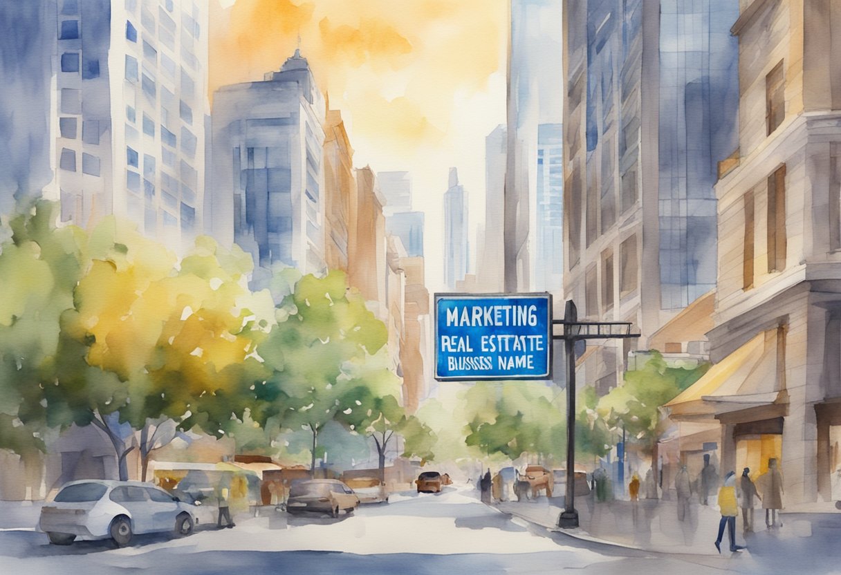 A vibrant sign with "Marketing Your Real Estate Business Name" stands out against a backdrop of modern buildings and a bustling cityscape