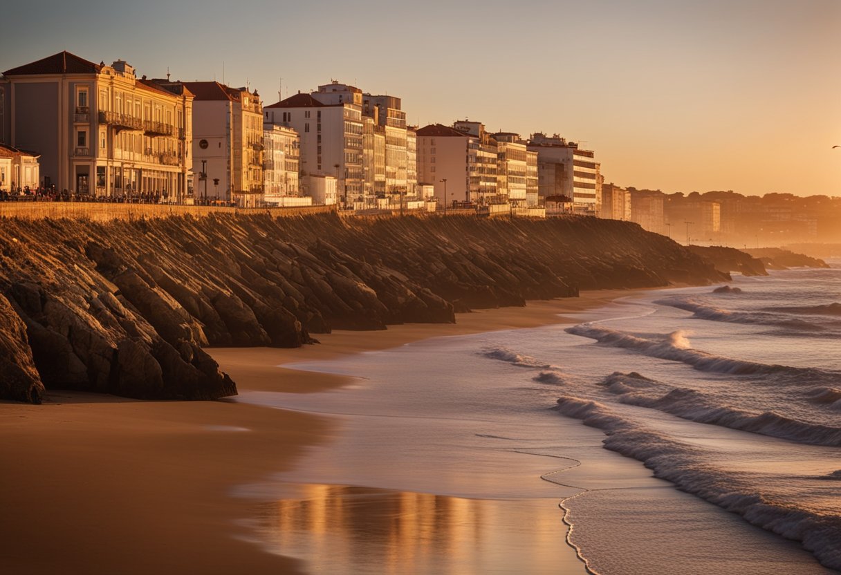 The sun sets over the sandy beaches of Figueira da Foz, with historic buildings lining the shore. Waves crash against the coastline as seagulls soar overhead