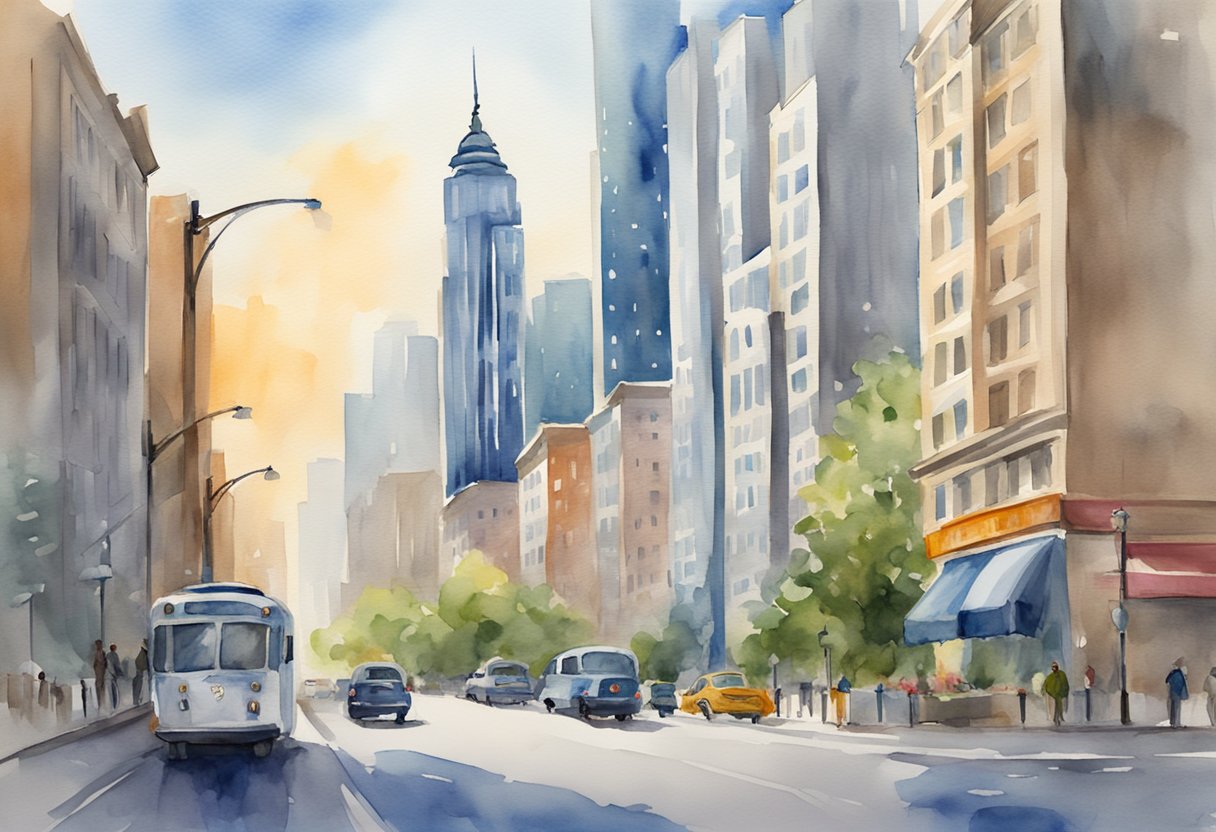 A bustling city street with skyscrapers in the background, a "Home Sweet Home Realty" sign on a building, and a "Dream Properties" banner on a nearby lamppost