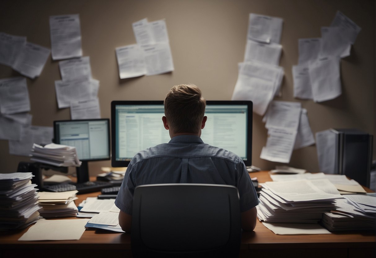 A person with bad credit sits at a desk, surrounded by paperwork and a computer. They look frustrated while reading through a stack of loan-related documents