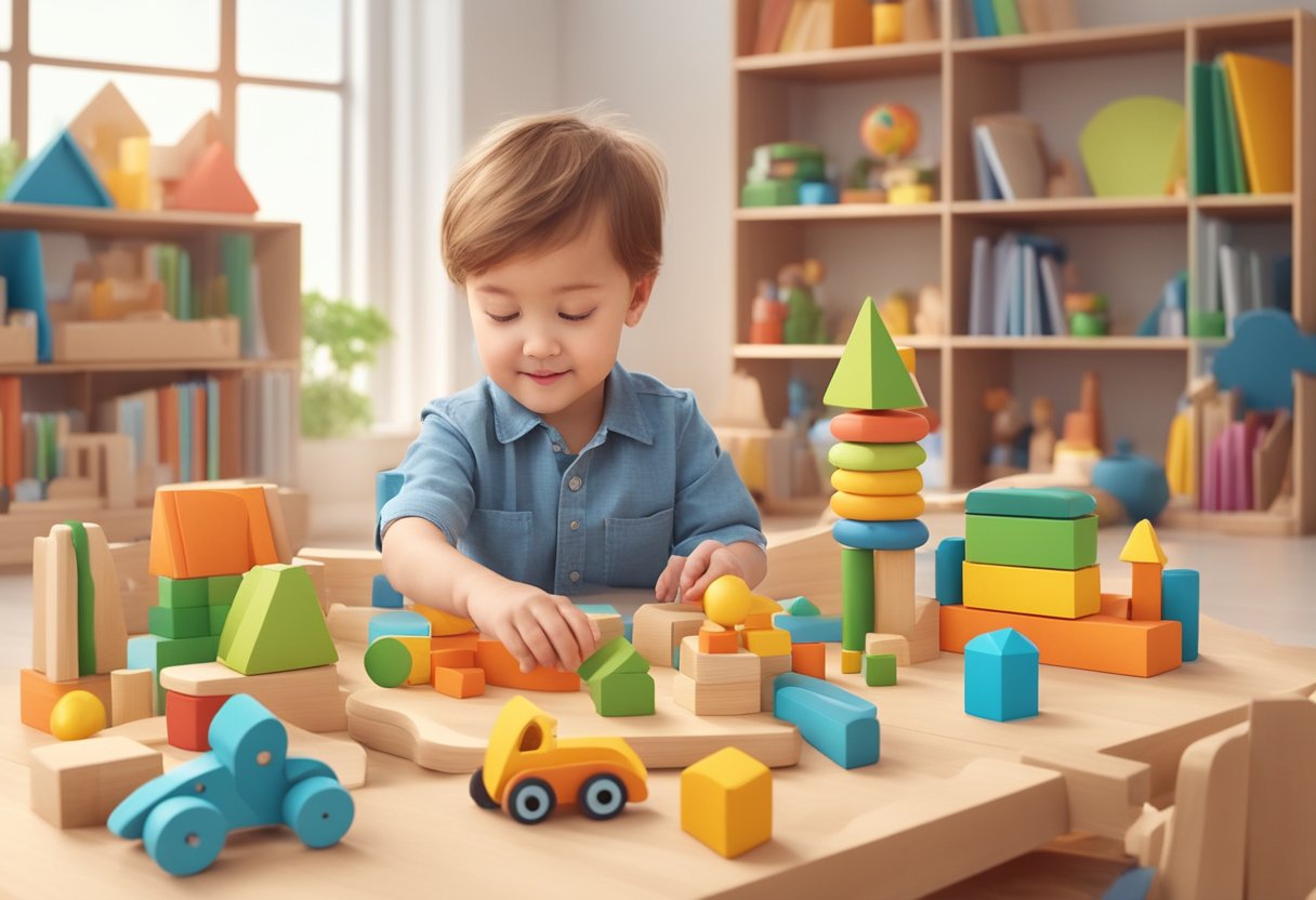 A child playing with a colorful, non-toxic wooden toy set, surrounded by eco-friendly educational toys and books on sustainability