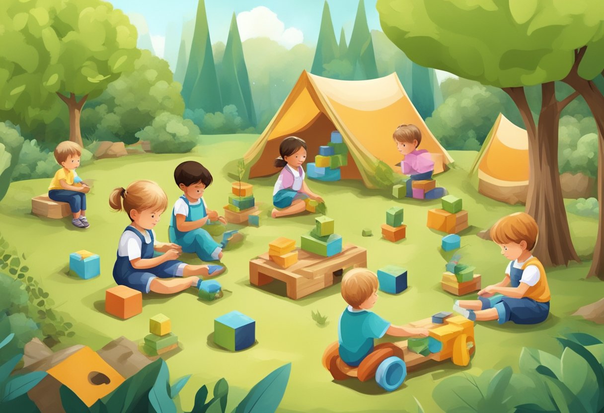 Children playing with eco-friendly toys in a natural setting, surrounded by sustainable materials and educational elements