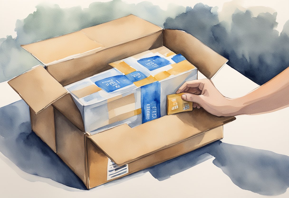 A hand places an Amazon item in a shipping box. The box is then labeled and sealed before being taken to the postal service for delivery