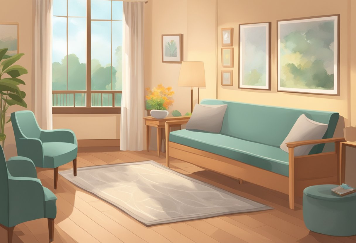 A serene hospice room with soft lighting, comfortable furnishings, and soothing decor. A caregiver provides compassionate support to a patient