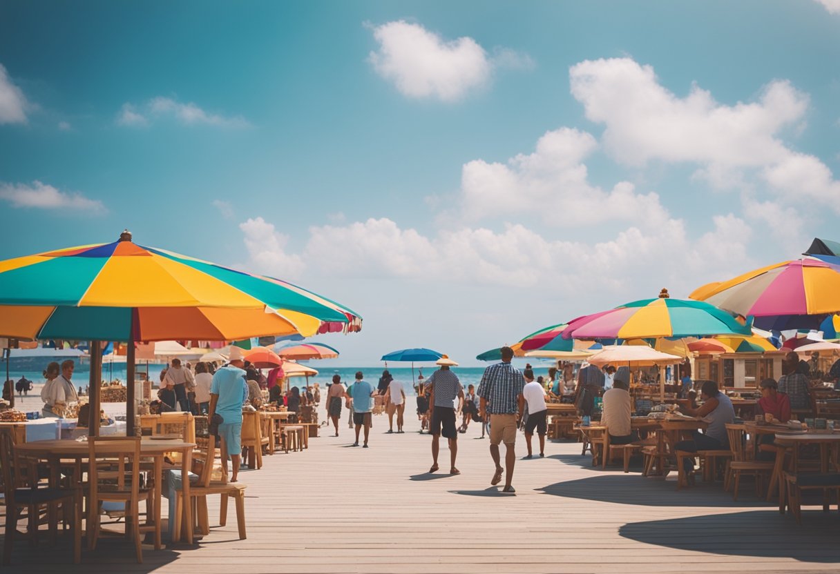 The scene features a vibrant beach with colorful umbrellas, people playing beach games, and a lively boardwalk with restaurants and entertainment