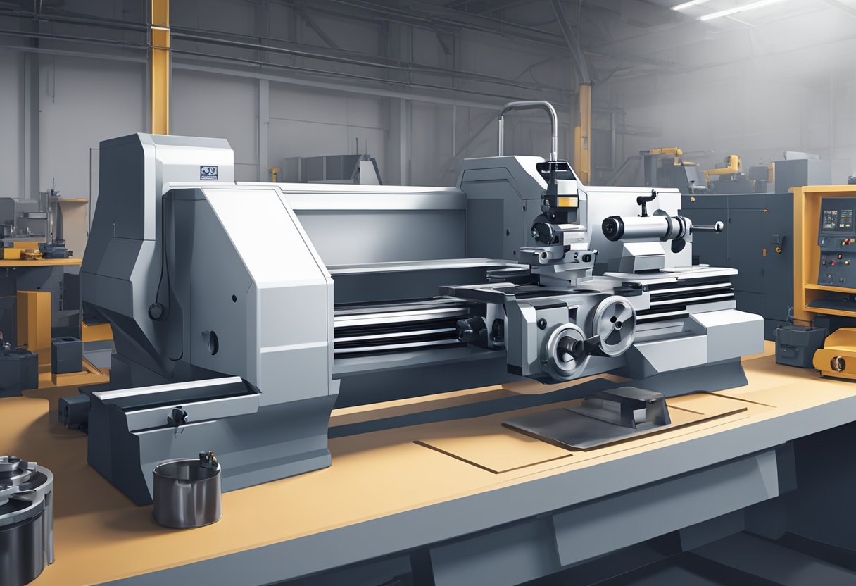 A slant bed CNC lathe sits in a well-lit workshop, with precision-cut metal pieces arranged nearby. The lathe's sleek, angled design exudes efficiency and modernity