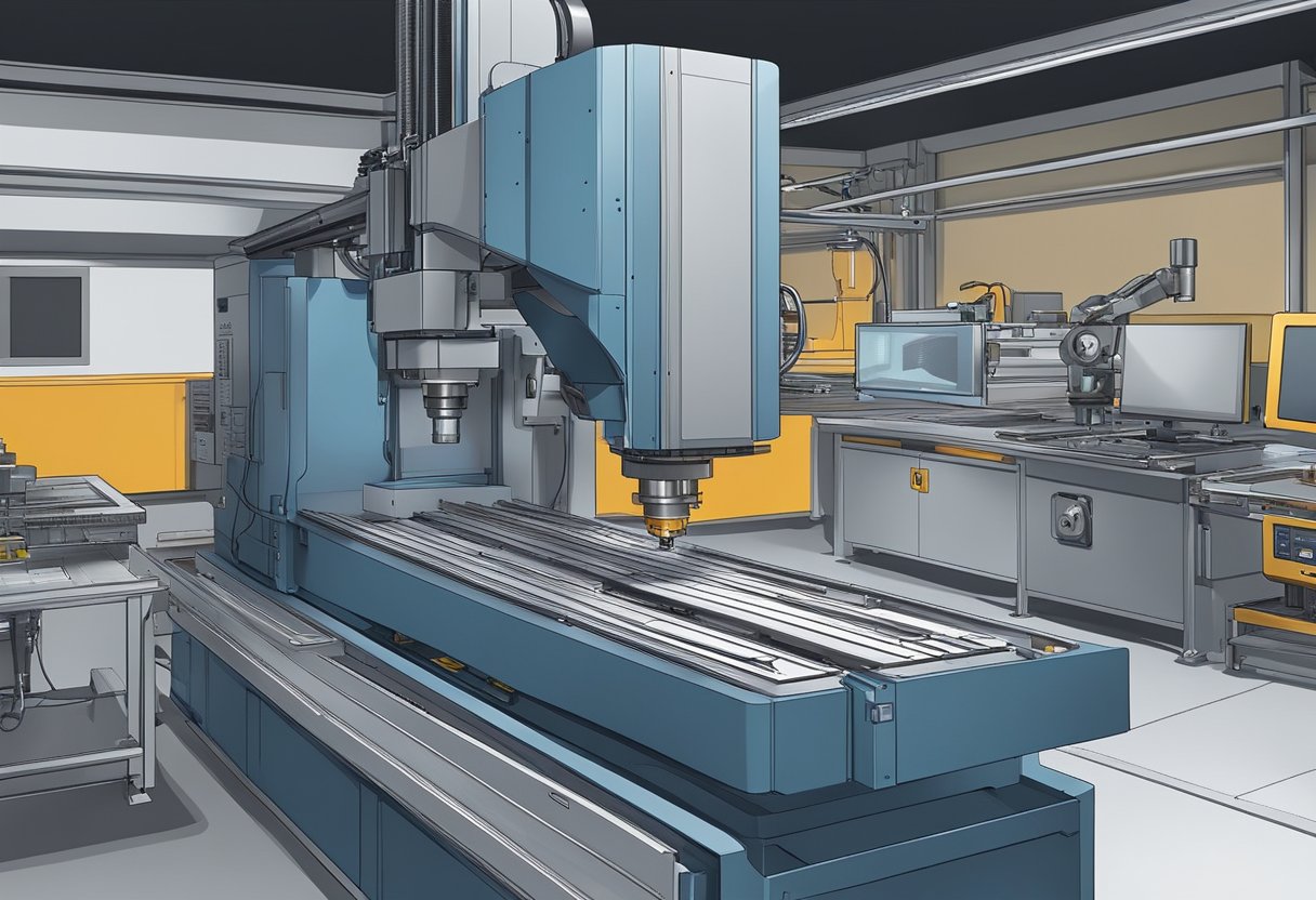 A 5-axis CNC machine in action, cutting and shaping metal with precision and speed. The machine is surrounded by a clutter of tools, chips, and coolant, with a computer monitor displaying the intricate design being executed