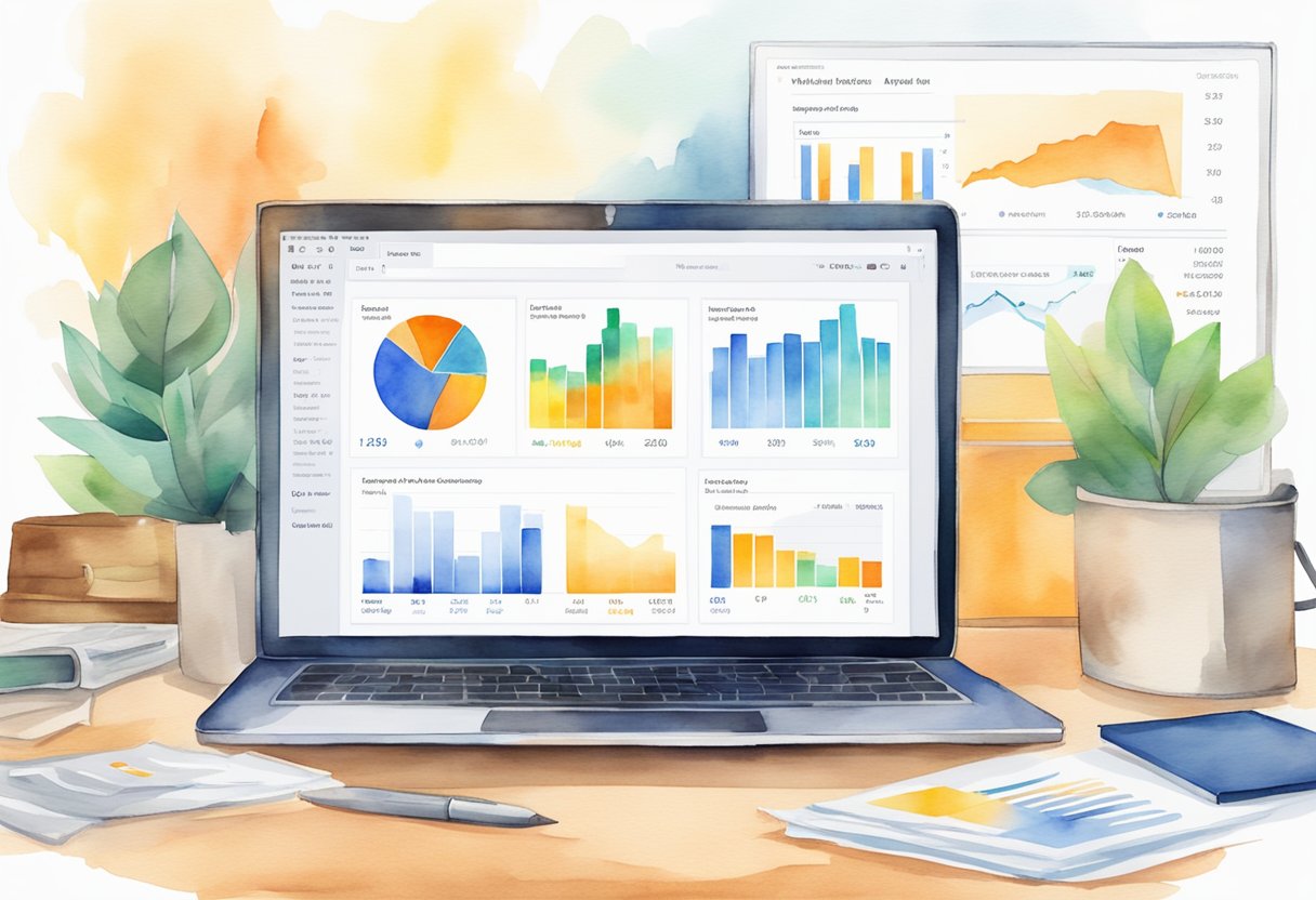 An open laptop displaying Amazon and eBay websites, with market research data and demand analysis charts on the screen